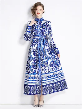 Новое модное бело-голубое фарфоровое платье Макси для женщин, Весна 2024, Новинка, Свободные длинные халаты на шнуровке с длинным рукавом, женские