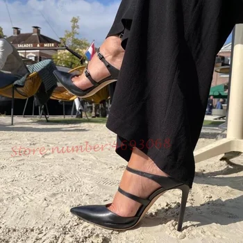 Женские босоножки с заостренными черными ремешками, летние вечерние женские туфли с ремешком и пряжкой, повседневная модная обувь на высоком каблуке-шпильке