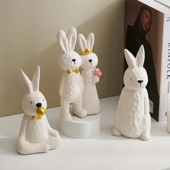Милые мультяшные статуэтки белого кролика, домашний декор, Милое украшение офисного стола, Настольные аксессуары, керамические поделки, подарок для подруг