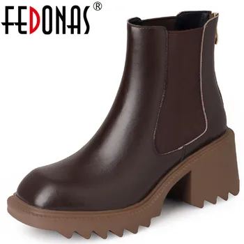 FEDONAS/ Женские ботильоны с квадратным носком на толстом каблуке, лаконичная Рабочая осенне-зимняя женская обувь из натуральной кожи, модное новое поступление