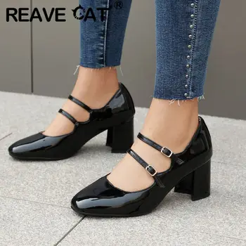 REAVE CAT / Модные женские туфли-лодочки с круглым носком на массивном каблуке 6,5 см и ремешком с двойной пряжкой; офисные женские вечерние туфли в лаконичном стиле; Большие размеры 49 50