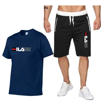 Летний мужской комплект из двух предметов 2023 года, повседневная футболка из хлопчатобумажной ткани и мужской спортивный костюм, модный спортивный костюм с коротким рукавом