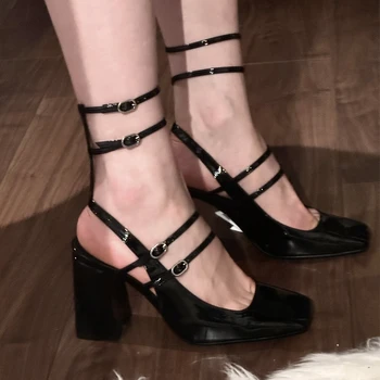 Туфли-лодочки из лакированной кожи с двойным ремешком на щиколотке, туфли Мэри Джейн на толстом каблуке во французском стиле, женские туфли на высоком каблуке с квадратным носком, Zapato de Tacón