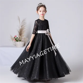 Черное тюлевое блестящее платье для девочек, кружевные длинные платья в цветочек для свадеб и вечеринок, пояса