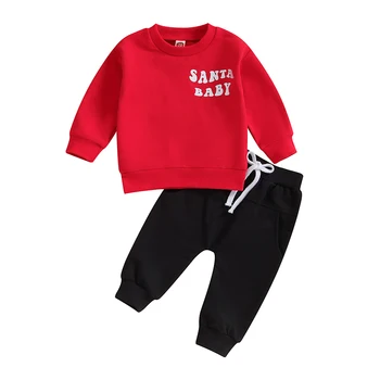 Рождественские Наряды для маленьких мальчиков, толстовка с вышивкой Санта-Клауса, джемпер, эластичные брюки, осенне-зимняя одежда для новорожденных,