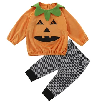 Одежда Для малышей, 2 предмета, костюмы для хэллоуина, топы в виде тыквы с круглым вырезом и длинными рукавами, штаны в полоску, комплект детской одежды