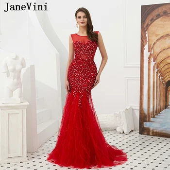 JaneVini Роскошные Вечерние платья Русалки с кристаллами из перьев, Стразы, Круглый вырез, Сексуальные Красные вечерние платья, блестящее вечернее платье
