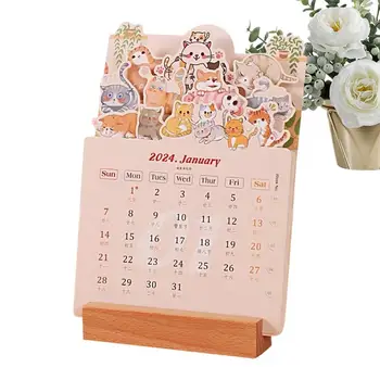 Календарь с кошками на рабочий стол на 2024 года, съемный календарь с животными на подставке, Милый календарь на 12 месяцев, декоративный календарь для домашней школы