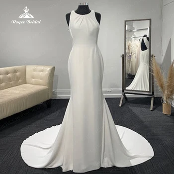 Простые свадебные платья с круглым вырезом 2024, Элегантное Атласное платье Невесты без рукавов, вечернее платье с открытой спиной, Придворный шлейф, Vestidos De Novia