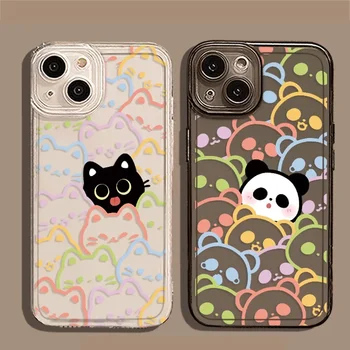 Милые Кошки Пара Чехол Для Телефона iPhone 11 12 13 14 15 Pro MAX Mini XR X XS 7 8Plus SE2 Мультяшное Животное Медведь Панда Мягкая Обложка Кожа