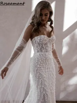 Свадебные платья в стиле бохо без рукавов с 3D цветочным кружевом и русалочкой, свадебные платья Sweetheart Illusion
