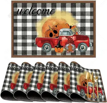 Салфетки в клетку Red Truck Gnome Buffalo, Приветствие Хэллоуина, Коврики для кухонного стола с тыквой, Осенний декор, Набор из 6 Стойких к пятнам