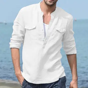 Повседневная рубашка, стильная однотонная мужская рубашка с V-образным вырезом и карманами, верхняя пляжная рубашка, однотонная приталенная мужская рубашка для отдыха
