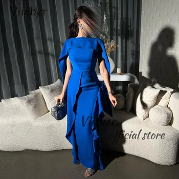 Вечерние Платья Viisher Blue Mermaid с Жакетными Оборками, Атласное Облегающее Вечернее Платье Arabia Dubai Длиной до пола, Вечернее Платье для Выпускного Вечера