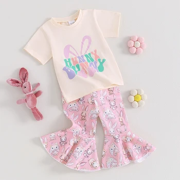 Пасхальный наряд для маленьких девочек, футболка Hunny Bunny с коротким рукавом, брюки-клеш с милым кроликом и цветочным рисунком, комплект одежды из 2 предметов