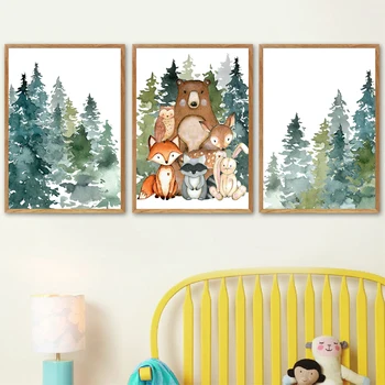 Плакаты и принты на холсте с лесными животными, подарок для мальчика в детском саду, Медведь, Лиса, Кролик, Лесная Акварельная настенная живопись, декор детской комнаты