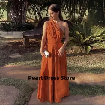 Темно-оранжевое шифоновое вечернее платье на одно плечо, простое платье для выпускного вечера трапециевидной формы Длиной до пола, Vestidos de noche 2023