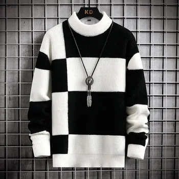 Брендовая одежда, Теплые осенне-зимние свитера, мужские повседневные цветные вязаные пуловеры в стиле пэчворк, Мужской клетчатый свитер с круглым вырезом, Мужской 4XL-M