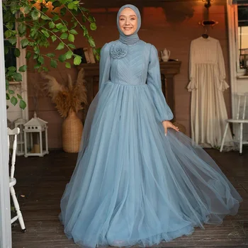 Sevintage Скромные выпускные платья из пыльно-голубого тюля с длинными рукавами и высоким вырезом, Арабское мусульманское вечернее платье трапециевидной формы, вечерние платья для официальных вечеринок