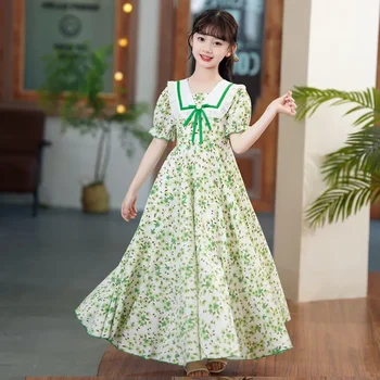 Летнее платье с цветочным рисунком, элегантное повседневное платье Макси в стиле Лолиты для девочек, детские платья для подростков 14-15 лет, праздничный сарафан принцессы