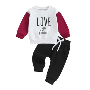 Комплекты одежды для маленьких мальчиков из 2 предметов с длинным рукавом, пуловер контрастного цвета с буквенным принтом и черные брюки с завязками