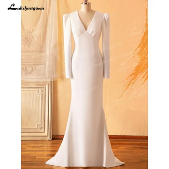 Свадебные платья Lakshmigown с длинными рукавами и глубоким V-образным вырезом, платья невесты-русалки-футляр, простое мягкое атласное свадебное платье без спинки
