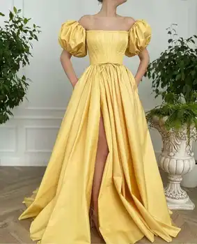 Винтажные длинные вечерние платья из атласа желтого цвета с карманами длиной до пола, с квадратным воротником и корсетом на спине, вечерние платья для женщин