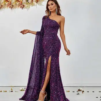 Великолепное сверкающее вечернее платье с пайетками, расклешенное на одно плечо, с высоким разрезом и длинными рукавами, сексуальное женское платье-футляр для выпускного вечера