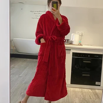 Осенне-зимняя Женская Красная пижама С длинными рукавами, плюшевый халат, Длинная Мягкая Удобная Теплая Плотная Домашняя одежда, Бархатная пижама