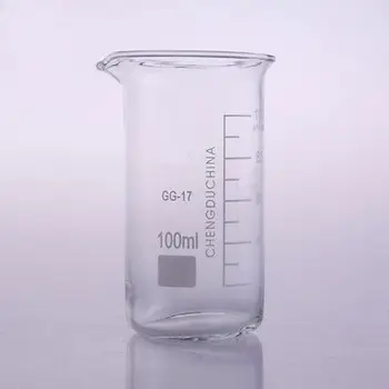 Стакан высокой формы объемом 100 мл, Химическая лаборатория, Боросиликатное стекло, Прозрачный стакан с утолщенным носиком.