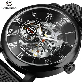 Forsining Классические механические часы в стиле ретро, светящиеся стрелки, роскошные мужские часы-скелет, часы с ремешком из черной сетки и нержавеющей стали