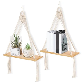 Набор подвесных полок из 2 деревянных витрин в стиле бохо, плавающие полки для декора стен с плетеной веревкой ручной работы