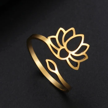Dawapara Lotus Flower Yoga Кольцо с полировкой Для женщин, Регулируемые кольца из нержавеющей стали, Символ Ом, Йога, Амулет, Религиозный Подарок