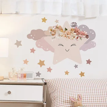 Мультяшная креативная наклейка с милым рисунком в виде звезды и цветка для детской комнаты для девочек, наклейка для теплого украшения стены дома, съемная ПВХ