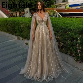 Переливающиеся Роскошные Длинные вечерние платья трапециевидной формы с V образным вырезом для свадебной вечеринки, расшитое блестками вечернее платье для выпускного вечера в Дубае с накидкой