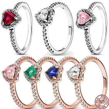 Хит продаж, красное кольцо в форме сердца из стерлингового серебра 925 пробы, красочное кольцо с кристаллами, подходит к очаровательным браслетам, женским украшениям, подаркам своими руками