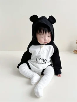 Осенняя детская одежда, комбинезон, боди для мальчиков и девочек, Корейская толстовка с капюшоном для новорожденных с принтом панды, детский комбинезон с длинными рукавами