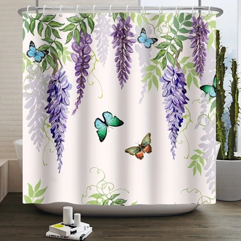 Занавески для душа с бабочками, с цветочными растениями, из полиэстера в китайском стиле, водонепроницаемая ткань для декора ванной комнаты, шторы с 12 крючками