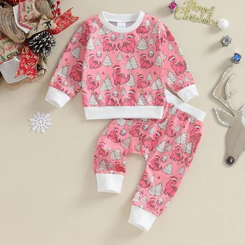 Комплект рождественской одежды для малышей из 2 предметов с мультяшным принтом динозавра, толстовка с круглым вырезом и длинным рукавом, Топы, Брюки, осенние наряды