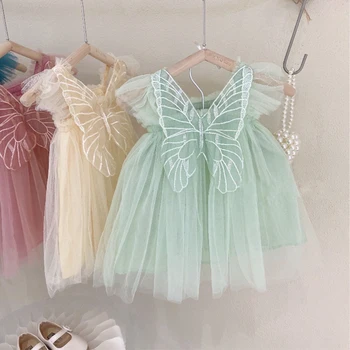 Крылья бабочки Платье для маленьких девочек Модная вышивка Летние Платья для маленьких принцесс Подарок на День рождения для маленьких девочек Одежда