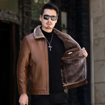 2023, Новинка зимы, кожаное пальто для мужчин среднего возраста, мужская теплая однотонная кожаная куртка с флисовой подкладкой, повседневная универсальная верхняя одежда