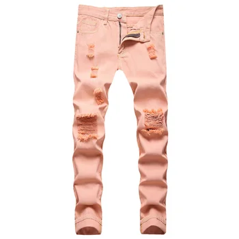 Мужчины с высокой улицы Розовые Джинсы Рваные Свободные джинсовые брюки Повседневные Прямые потертые для мужчин большого размера 42