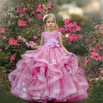 Розовые платья для девочек в цветочек, органза, без рукавов, длиной до пола, Праздничное платье для дня рождения девочки, свадьбы, Первого причастия