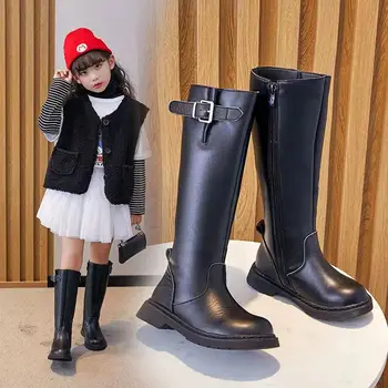 Высокие сапоги для девочек, Детские длинные сапоги 2023 года, Весенне-осенние Новые Черные Модные Универсальные ботинки на молнии сбоку, Размер 27-37