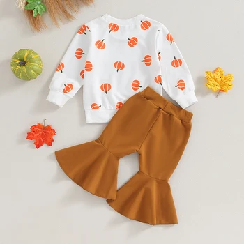 Комплект брюк для маленьких девочек, толстовка с принтом тыквы и брюки-клеш с эластичной резинкой на талии, одежда на Хэллоуин