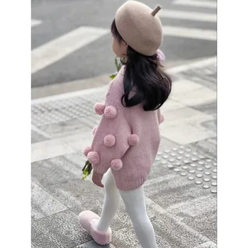 Новый весенне-осенний свитер для маленьких девочек в корейском стиле, однотонный вязаный пуловер с круглым воротником и рукавами-фонариками, топ, детская одежда