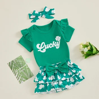 Комплект шорт для маленьких девочек, комбинезон с коротким рукавом и буквенным принтом, юбка с трилистником и лента для волос, летний наряд