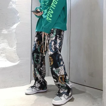Мужские повседневные свободные брюки в стиле хип-хоп с граффити на хай-стрит, мужские прямые широкие брюки в американском стиле