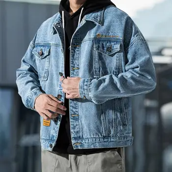 Мужская синяя джинсовая куртка, однотонная верхняя одежда с карманами, однобортные джинсы в корейском стиле, мужская брендовая одежда, уличная одежда