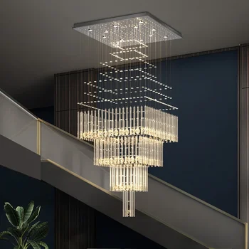 Светодиодная люстра в двухуровневом здании, современное большое здание для гостиной на среднем этаже, хрустальная квадратная лестничная клетка, длинная люстра